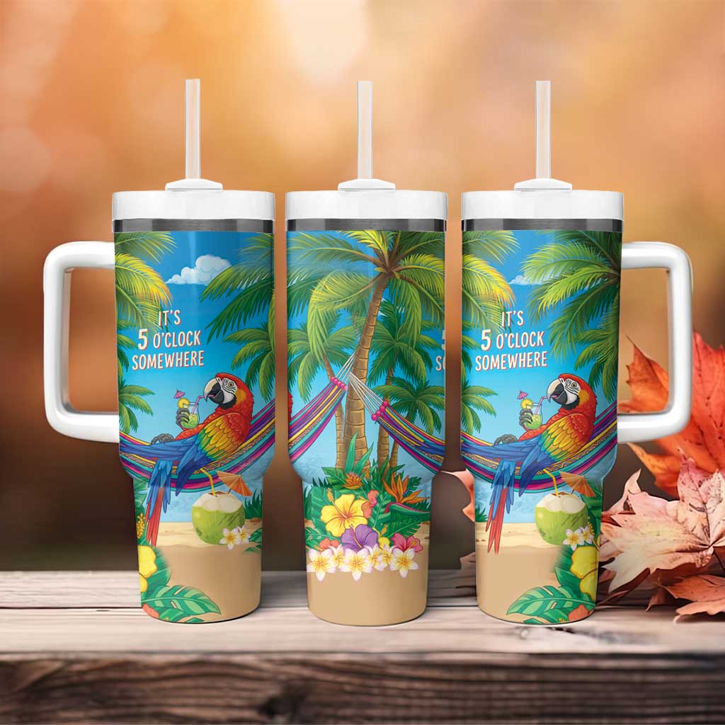 5 Oclock Somewhere Tumbler With Handle Hawaii Parrots Cocktail Summer Beach Vibe - Polynesian Pride
