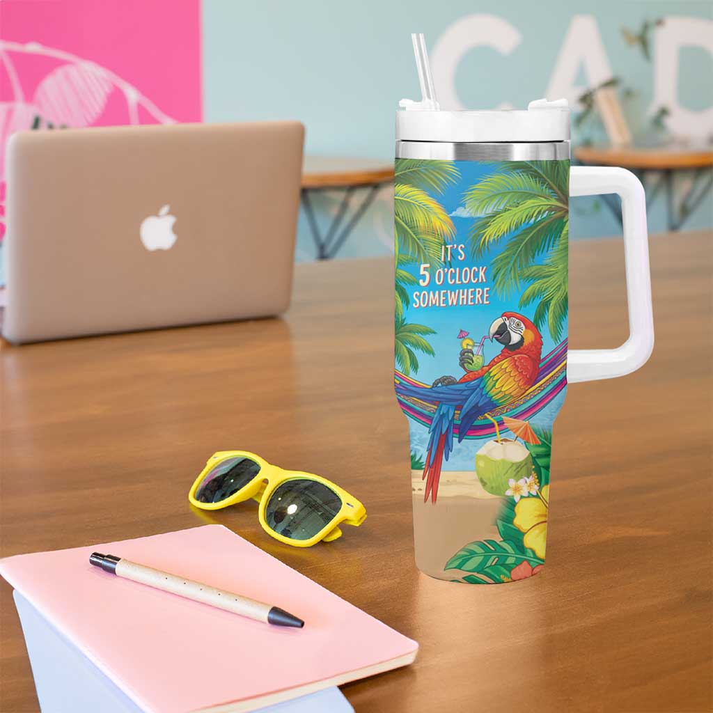 5 Oclock Somewhere Tumbler With Handle Hawaii Parrots Cocktail Summer Beach Vibe - Polynesian Pride