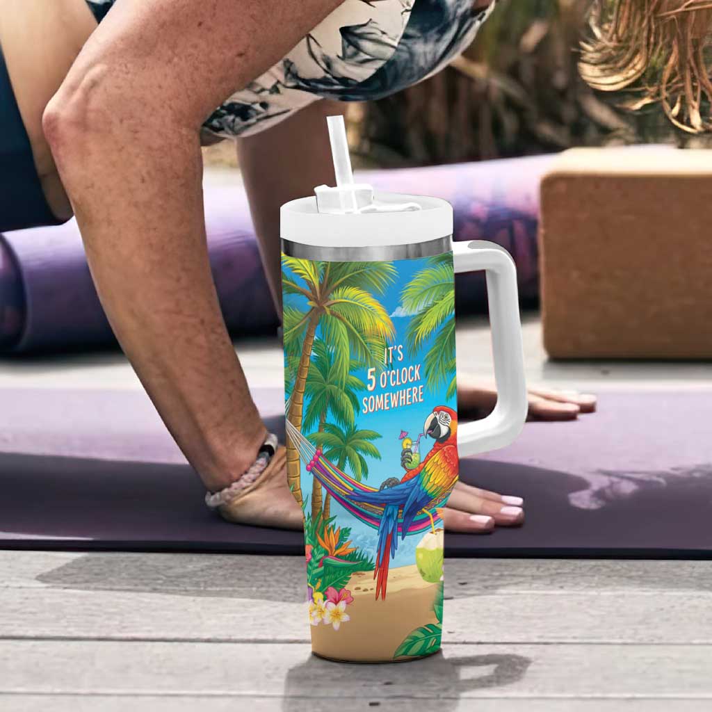 5 Oclock Somewhere Tumbler With Handle Hawaii Parrots Cocktail Summer Beach Vibe - Polynesian Pride