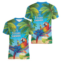 5 Oclock Somewhere Women V-Neck T-Shirt Hawaii Parrots Cocktail Summer Beach Vibe - Polynesian Pride