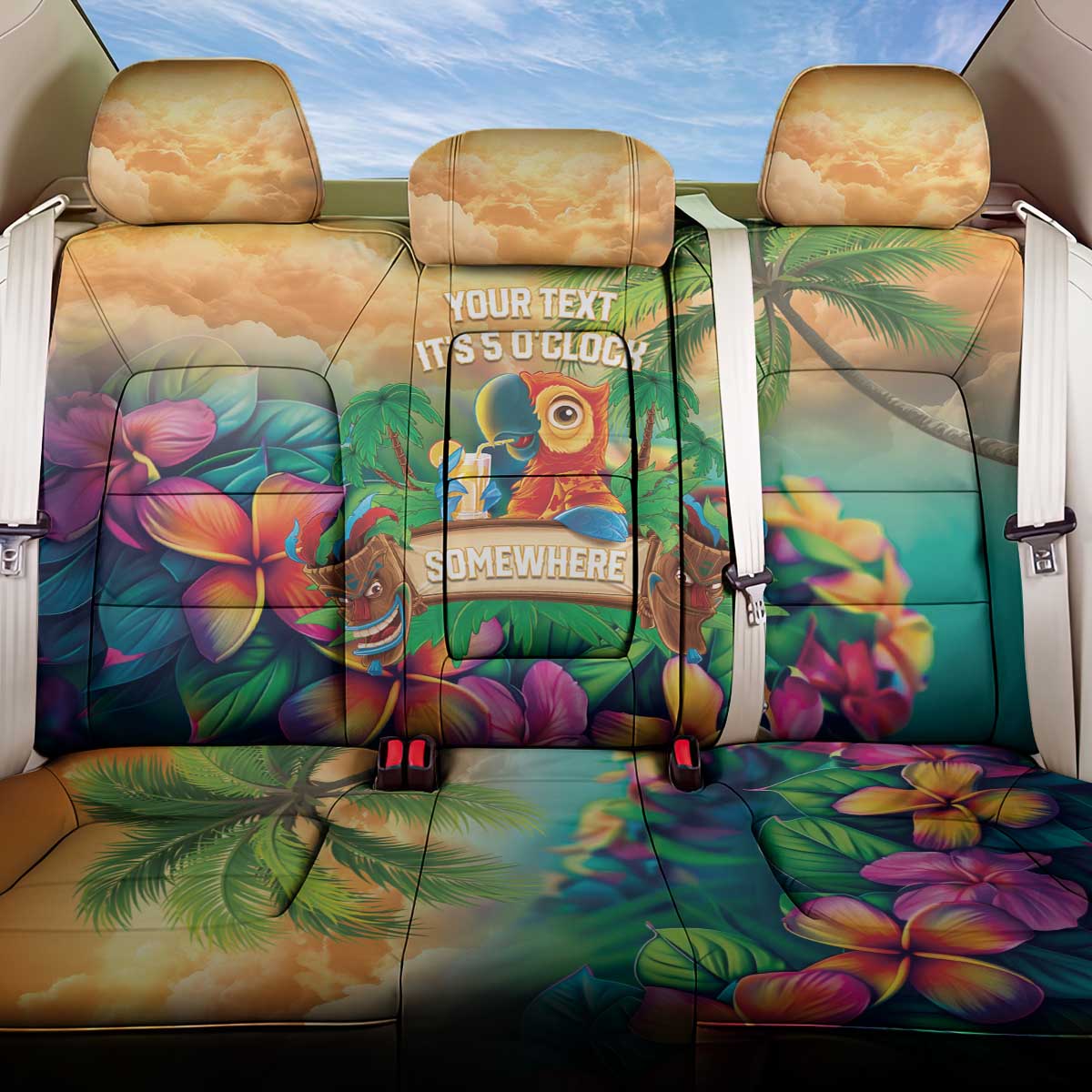 5 Oclock Somewhere Personalized Back Car Seat Cover Hawaii Parrots Plumeria Summer Vibe LT9 One Size Yellow - Polynesian Pride
