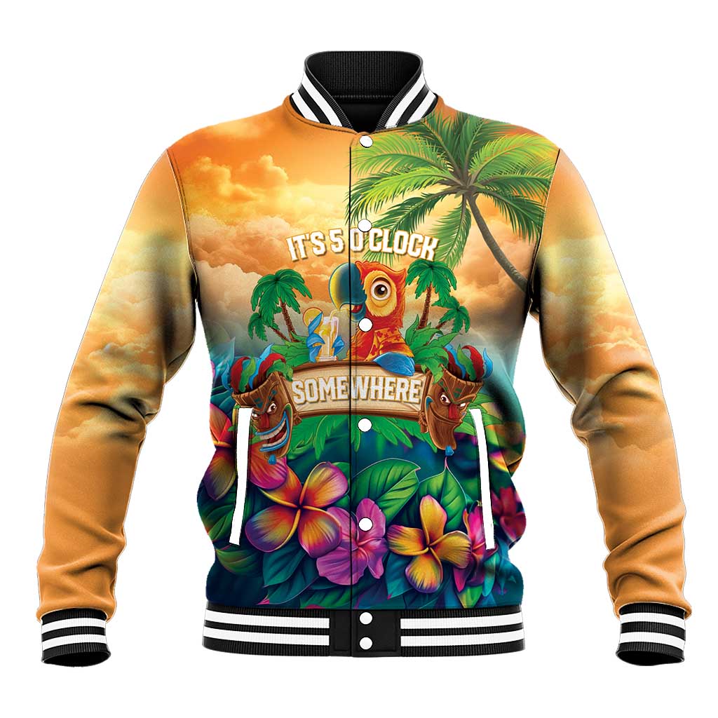 5 Oclock Somewhere Personalized Baseball Jacket Hawaii Parrots Plumeria Summer Vibe - Polynesian Pride