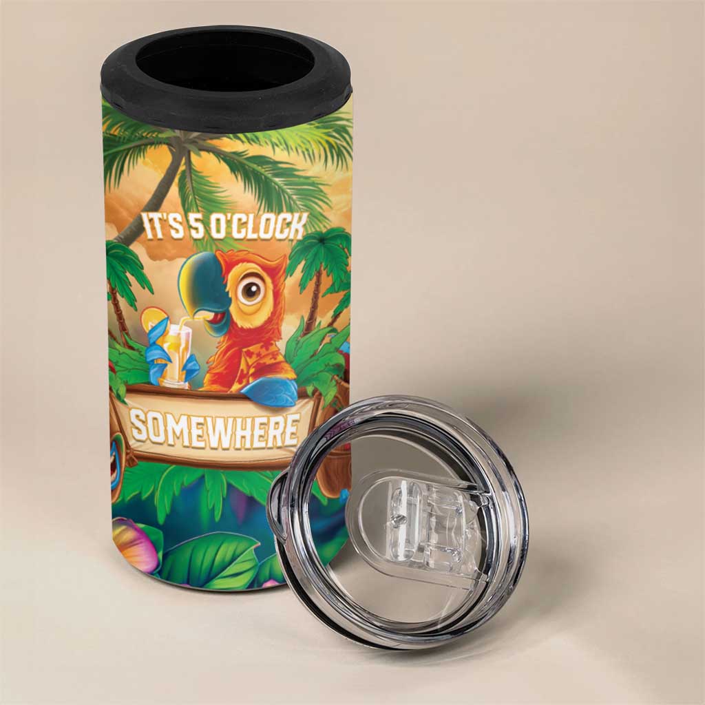 5 Oclock Somewhere Personalized 4 in 1 Can Cooler Tumbler Hawaii Parrots Plumeria Summer Vibe - Polynesian Pride