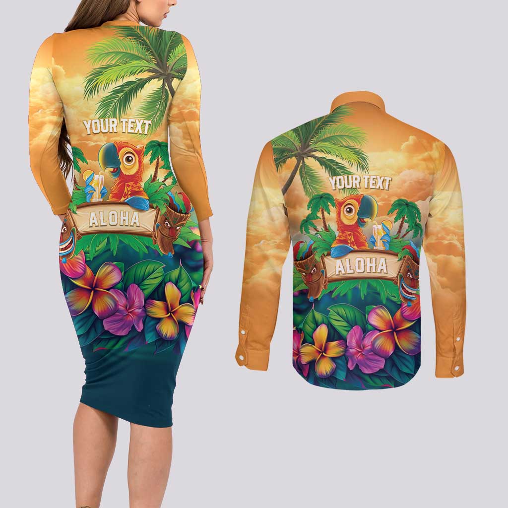 5 Oclock Somewhere Personalized Couples Matching Long Sleeve Bodycon Dress and Long Sleeve Button Shirt Hawaii Parrots Plumeria Summer Vibe - Polynesian Pride