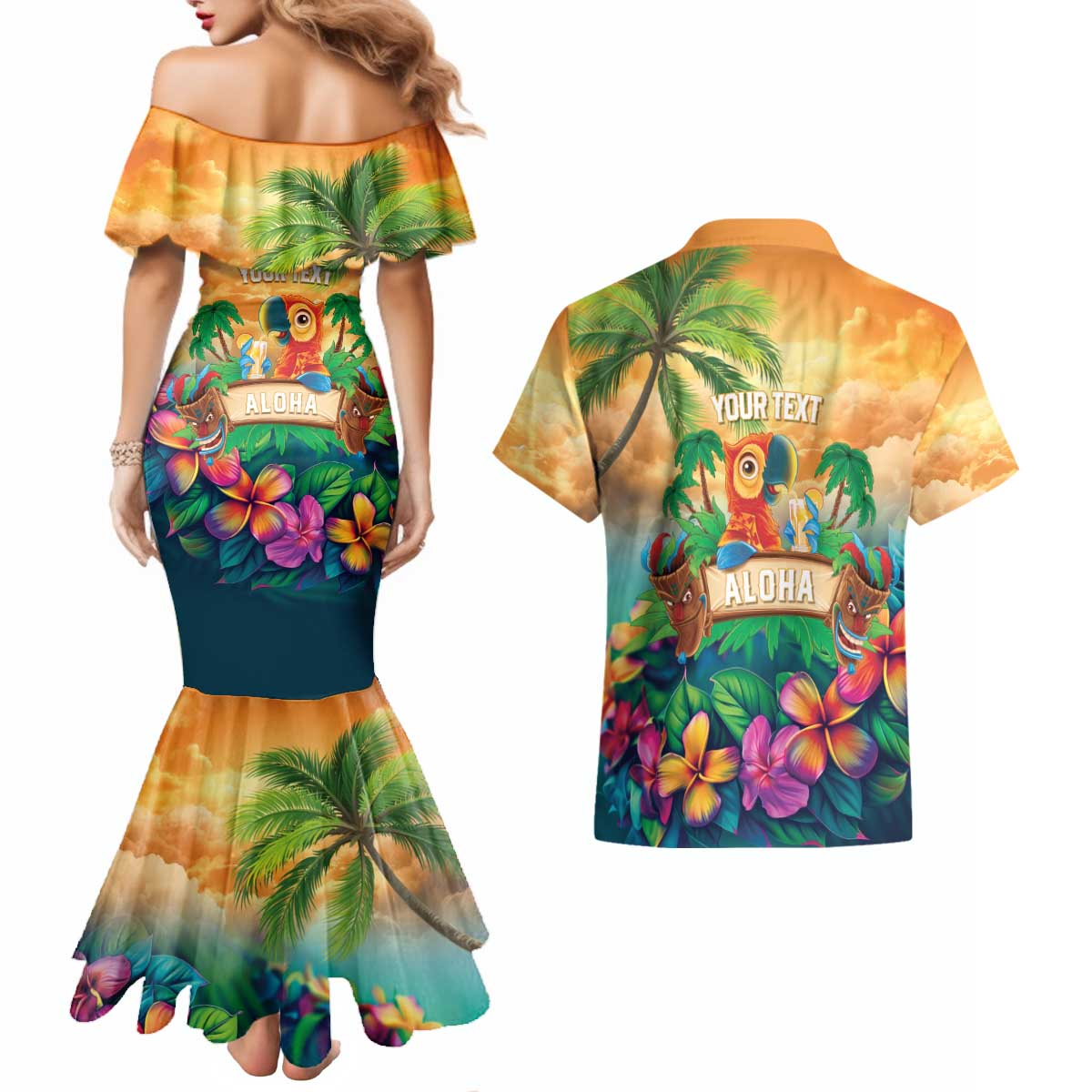 5 Oclock Somewhere Personalized Couples Matching Mermaid Dress and Hawaiian Shirt Hawaii Parrots Plumeria Summer Vibe - Polynesian Pride