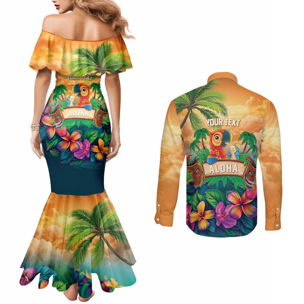 5 Oclock Somewhere Personalized Couples Matching Mermaid Dress and Long Sleeve Button Shirt Hawaii Parrots Plumeria Summer Vibe - Polynesian Pride