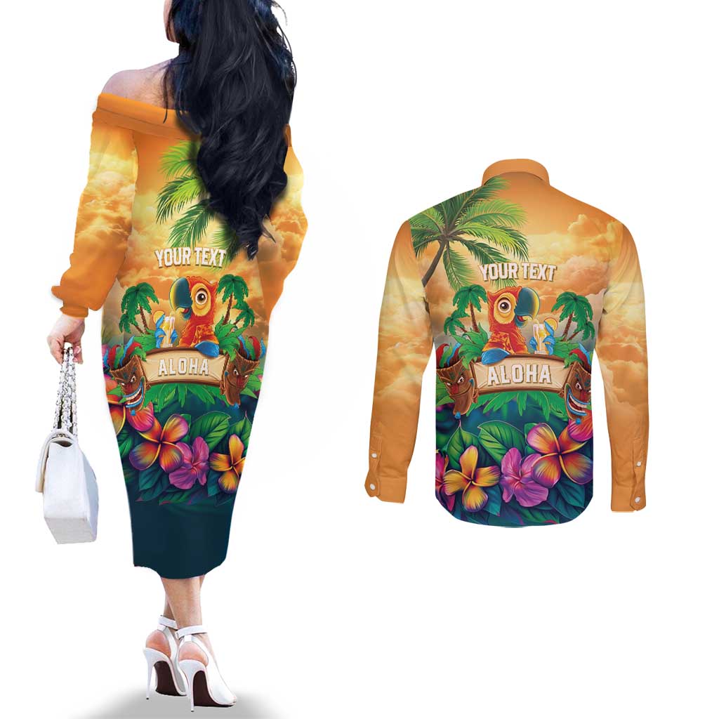 5 Oclock Somewhere Personalized Couples Matching Off The Shoulder Long Sleeve Dress and Long Sleeve Button Shirt Hawaii Parrots Plumeria Summer Vibe - Polynesian Pride