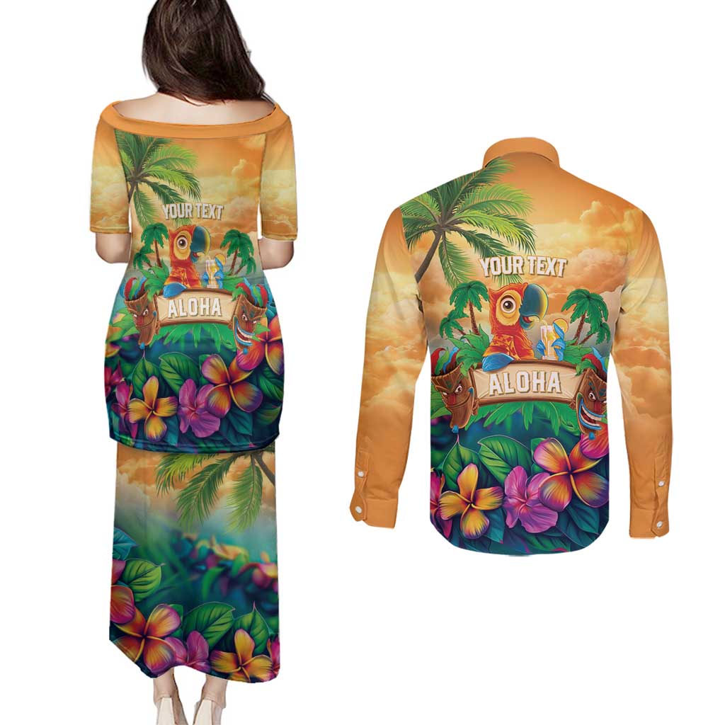 5 Oclock Somewhere Personalized Couples Matching Puletasi and Long Sleeve Button Shirt Hawaii Parrots Plumeria Summer Vibe - Polynesian Pride
