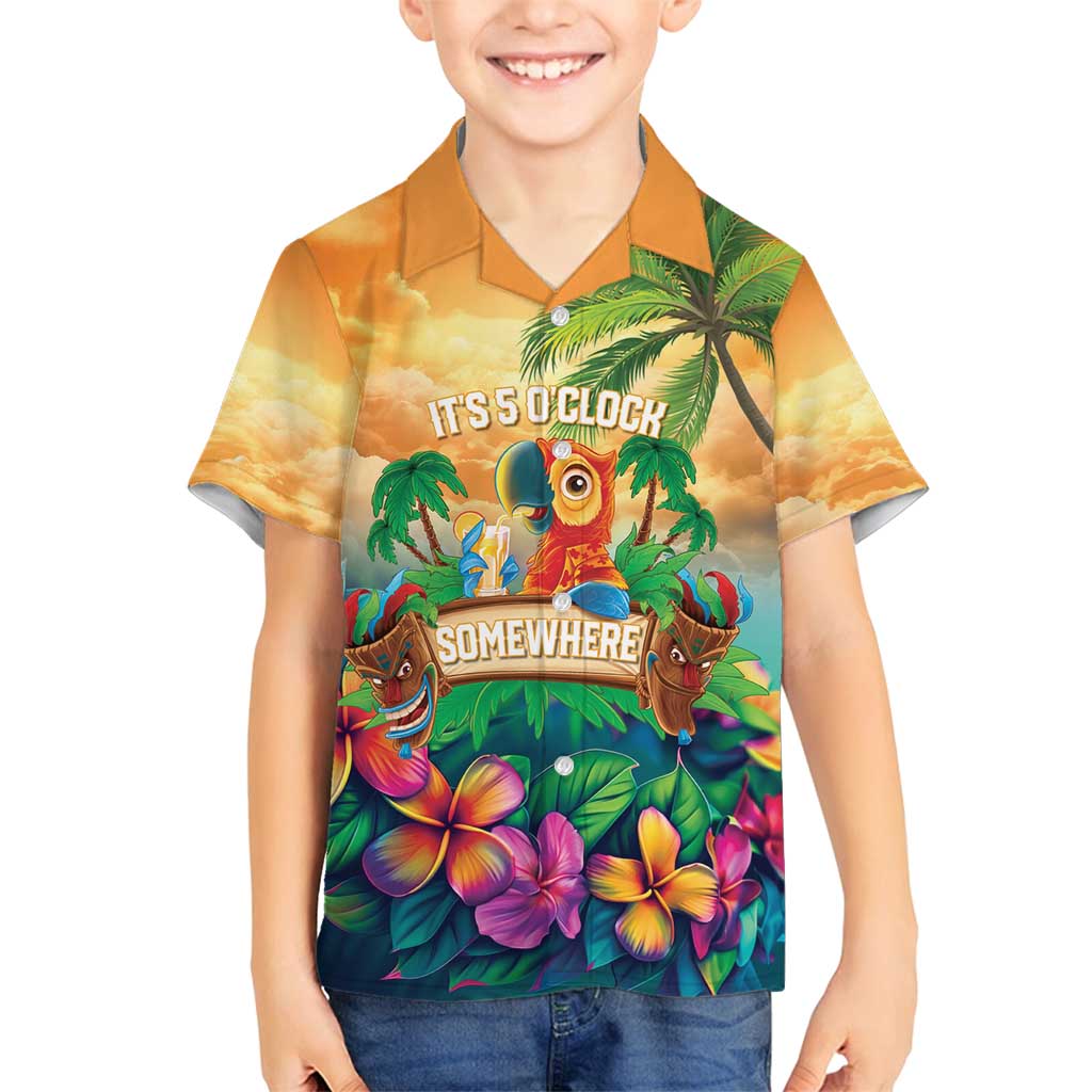 5 Oclock Somewhere Personalized Family Matching Off Shoulder Short Dress and Hawaiian Shirt Hawaii Parrots Plumeria Summer Vibe LT9 Son's Shirt Yellow - Polynesian Pride