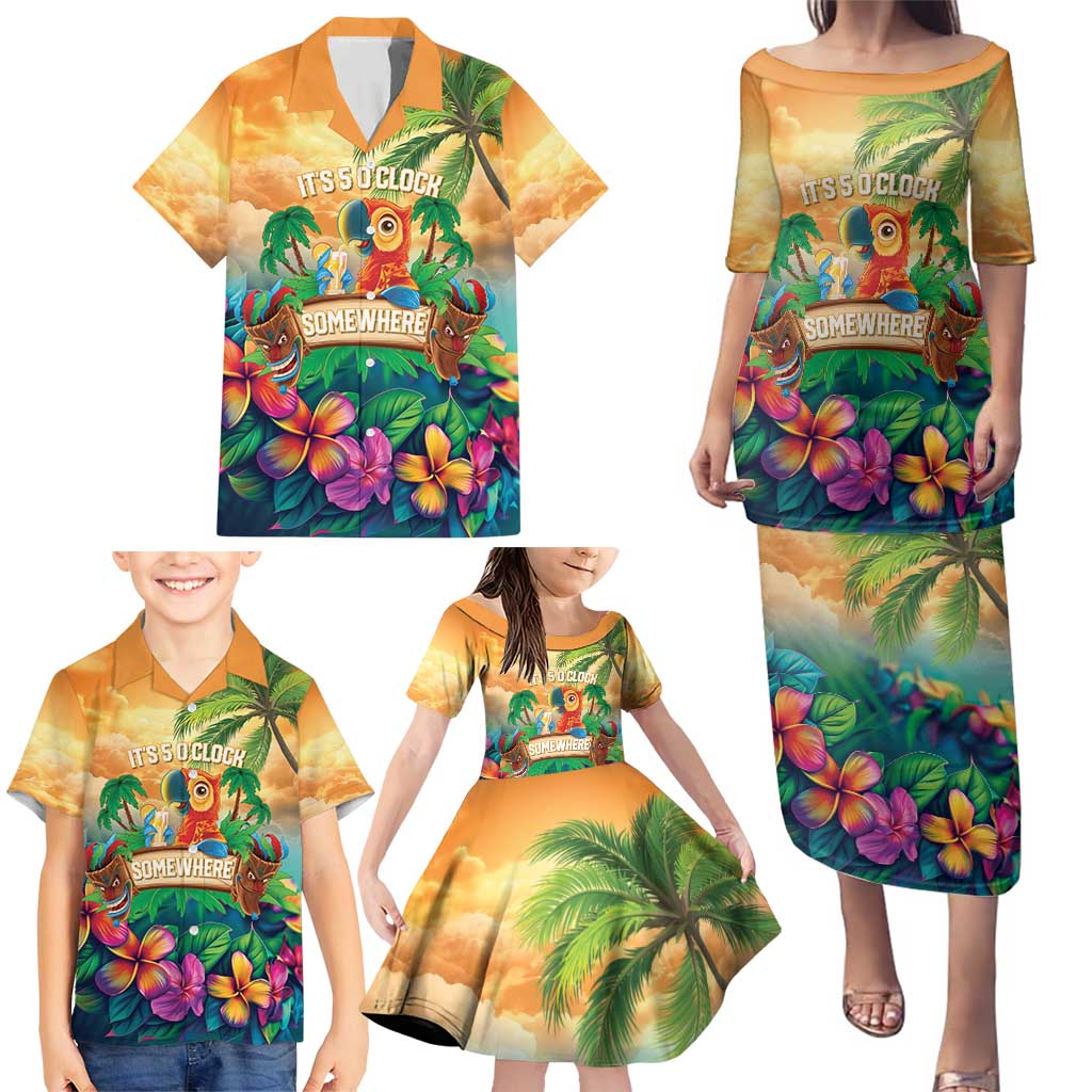 5 Oclock Somewhere Personalized Family Matching Puletasi and Hawaiian Shirt Hawaii Parrots Plumeria Summer Vibe - Polynesian Pride