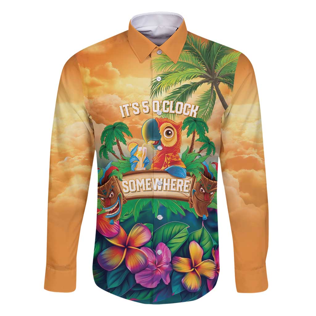 5 Oclock Somewhere Personalized Family Matching Summer Maxi Dress and Hawaiian Shirt Hawaii Parrots Plumeria Summer Vibe LT9 Dad's Shirt - Long Sleeve Yellow - Polynesian Pride