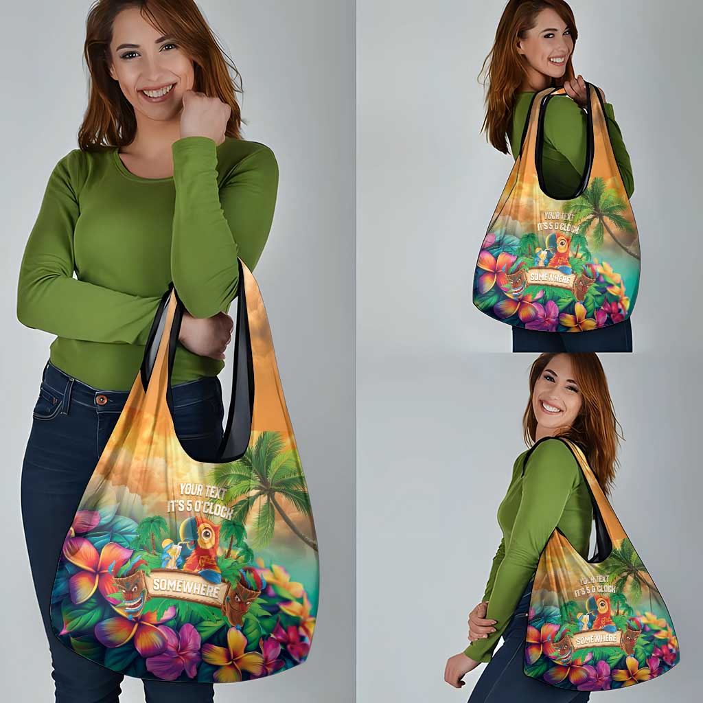 5 Oclock Somewhere Personalized Grocery Bag Hawaii Parrots Plumeria Summer Vibe - Polynesian Pride