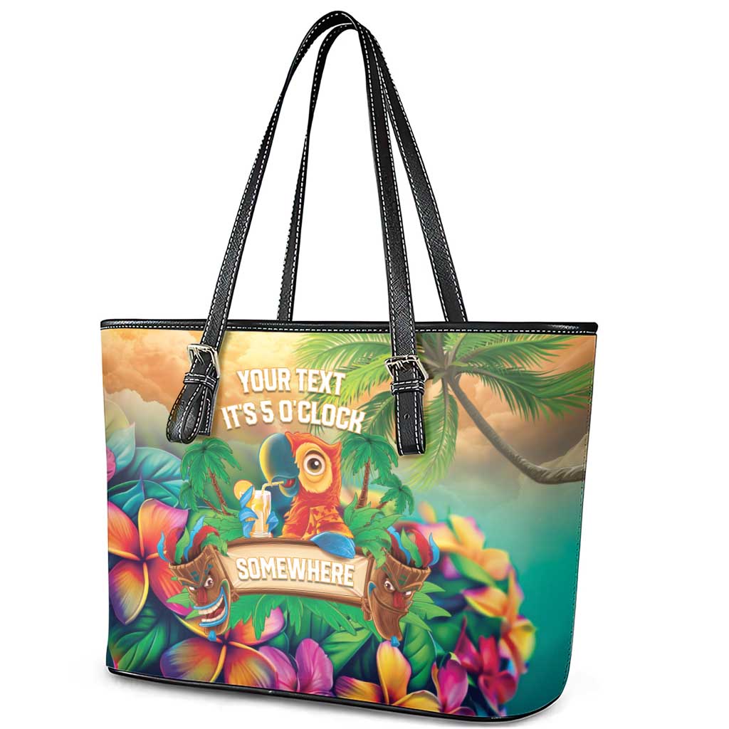 5 Oclock Somewhere Personalized Leather Tote Bag Hawaii Parrots Plumeria Summer Vibe LT9 - Polynesian Pride