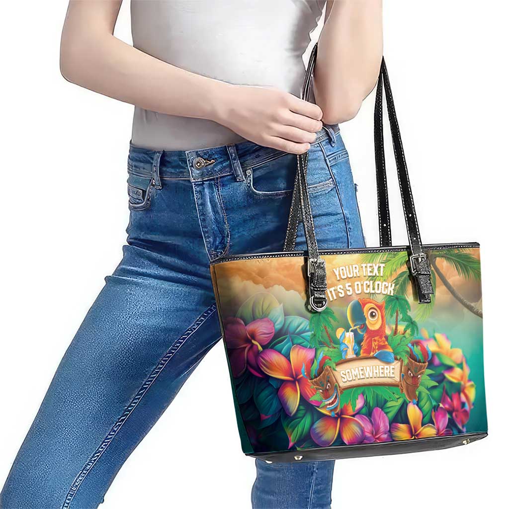 5 Oclock Somewhere Personalized Leather Tote Bag Hawaii Parrots Plumeria Summer Vibe LT9 - Polynesian Pride