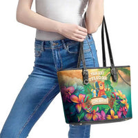 5 Oclock Somewhere Personalized Leather Tote Bag Hawaii Parrots Plumeria Summer Vibe LT9 - Polynesian Pride