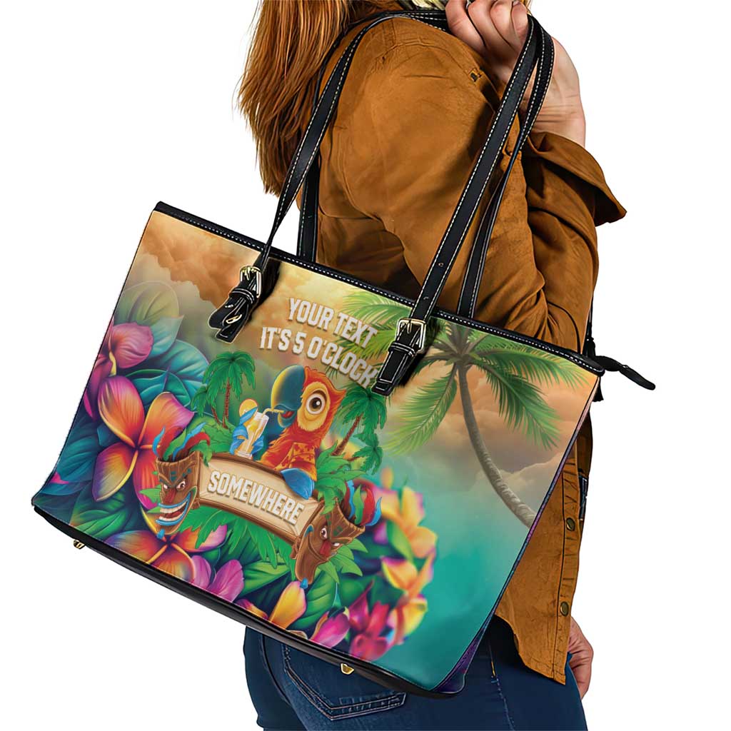 5 Oclock Somewhere Personalized Leather Tote Bag Hawaii Parrots Plumeria Summer Vibe LT9 - Polynesian Pride