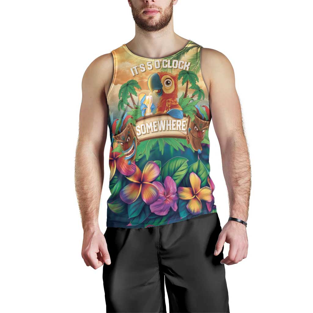 5 Oclock Somewhere Personalized Men Tank Top Hawaii Parrots Plumeria Summer Vibe - Polynesian Pride