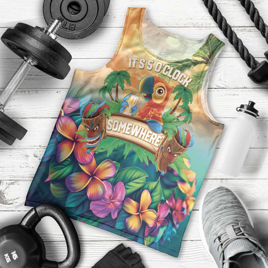 5 Oclock Somewhere Personalized Men Tank Top Hawaii Parrots Plumeria Summer Vibe - Polynesian Pride