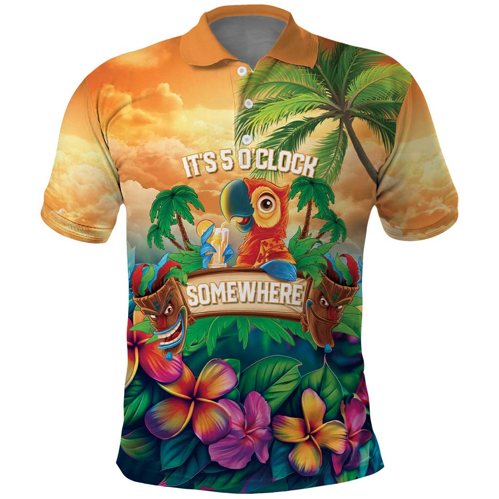 5 Oclock Somewhere Personalized Polo Shirt Hawaii Parrots Plumeria Summer Vibe - Polynesian Pride