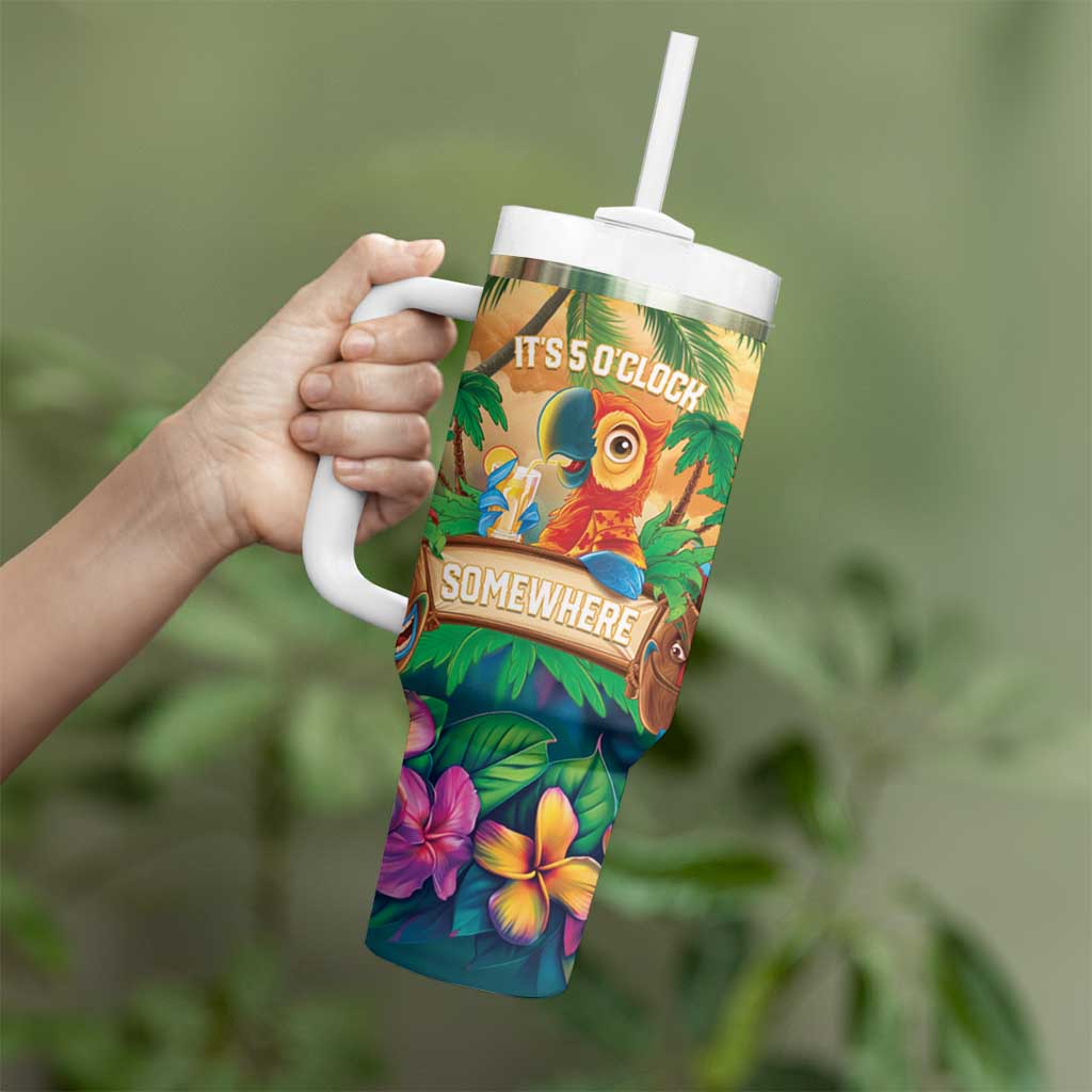 5 Oclock Somewhere Personalized Tumbler With Handle Hawaii Parrots Plumeria Summer Vibe - Polynesian Pride