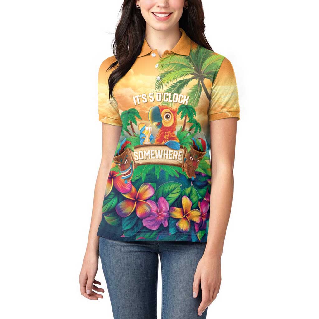 5 Oclock Somewhere Personalized Women Polo Shirt Hawaii Parrots Plumeria Summer Vibe - Polynesian Pride