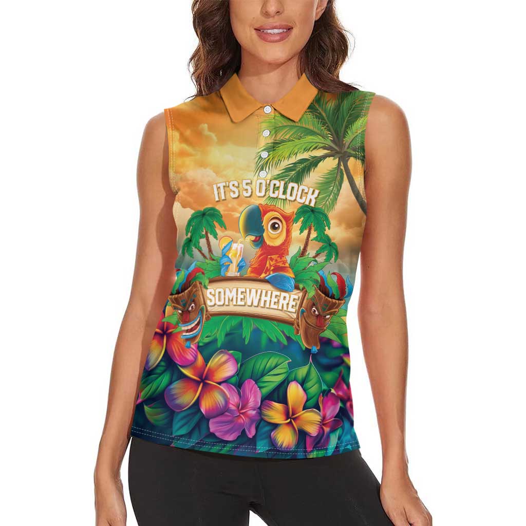 5 Oclock Somewhere Personalized Women Sleeveless Polo Shirt Hawaii Parrots Plumeria Summer Vibe - Polynesian Pride