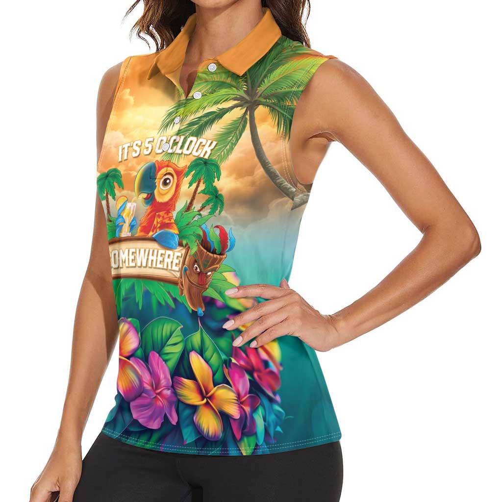 5 Oclock Somewhere Personalized Women Sleeveless Polo Shirt Hawaii Parrots Plumeria Summer Vibe - Polynesian Pride