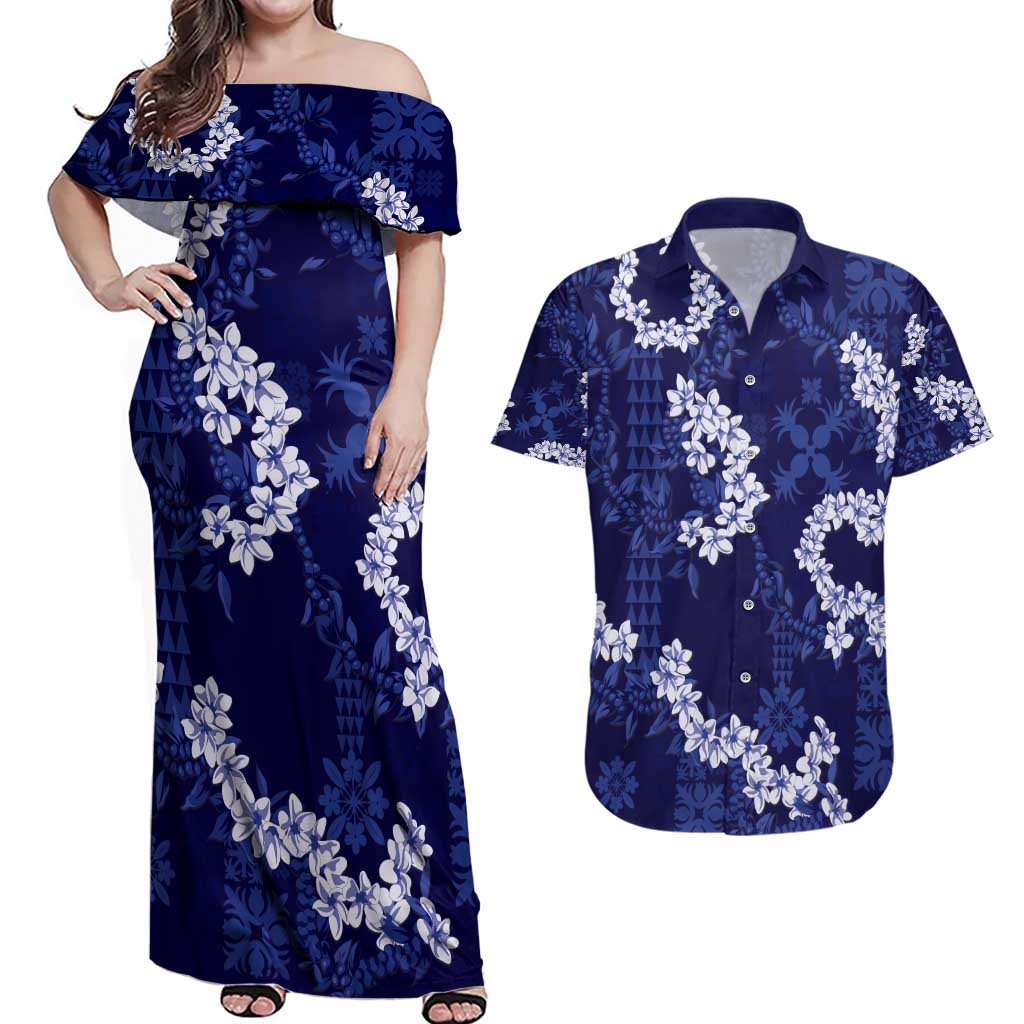 Mokihana Maile and Ilima Leis Couples Matching Off Shoulder Maxi Dress and Hawaiian Shirt Uliuli Hawaiian Tapa Quilt Pattern - Polynesian Pride
