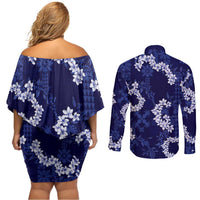 Mokihana Maile and Ilima Leis Couples Matching Off Shoulder Short Dress and Long Sleeve Button Shirt Uliuli Hawaiian Tapa Quilt Pattern - Polynesian Pride