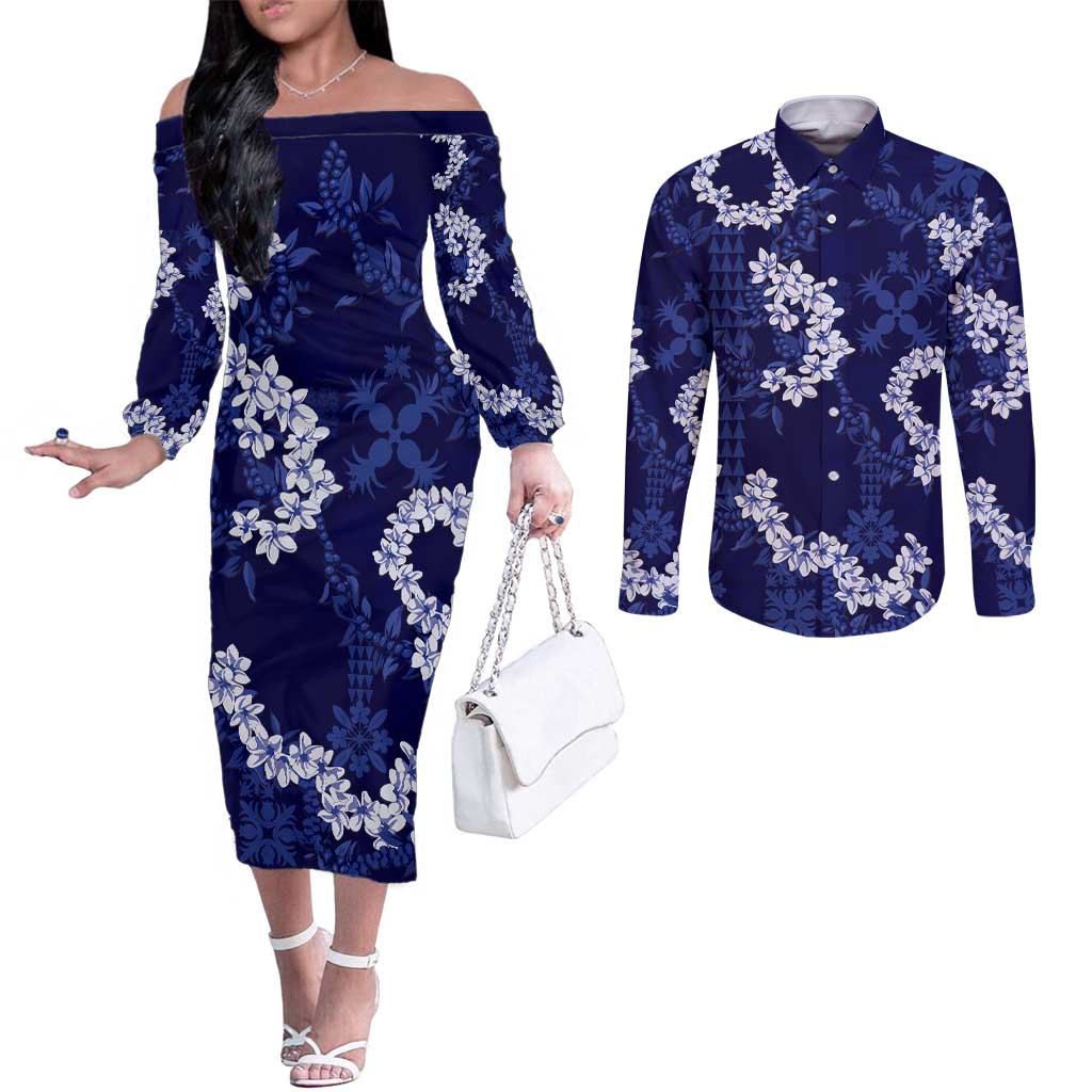 Mokihana Maile and Ilima Leis Couples Matching Off The Shoulder Long Sleeve Dress and Long Sleeve Button Shirt Uliuli Hawaiian Tapa Quilt Pattern - Polynesian Pride