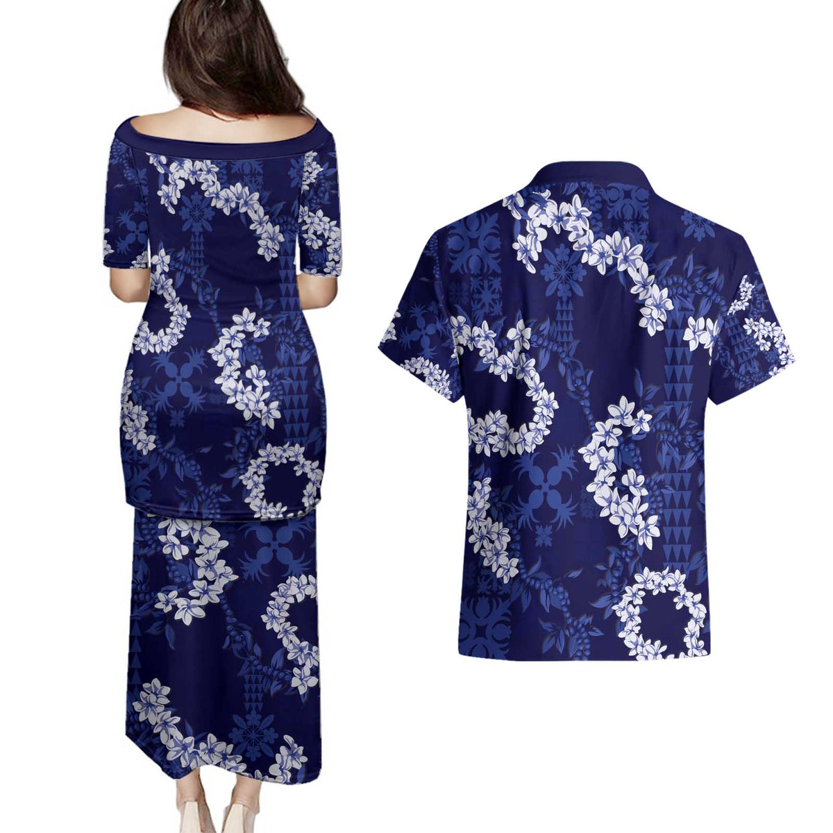 Mokihana Maile and Ilima Leis Couples Matching Puletasi and Hawaiian Shirt Uliuli Hawaiian Tapa Quilt Pattern - Polynesian Pride