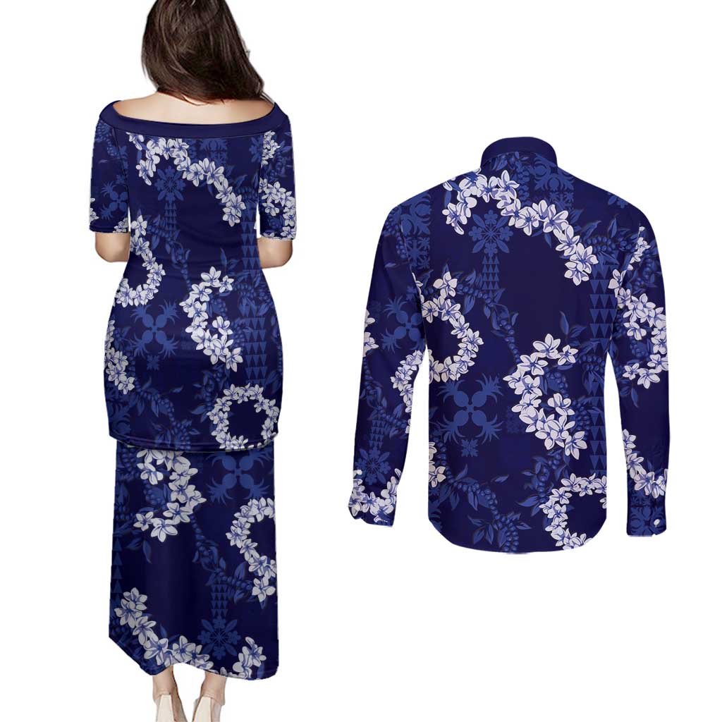 Mokihana Maile and Ilima Leis Couples Matching Puletasi and Long Sleeve Button Shirt Uliuli Hawaiian Tapa Quilt Pattern - Polynesian Pride