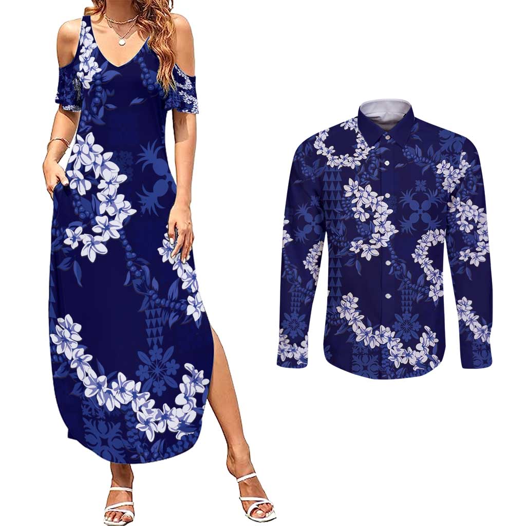 Mokihana Maile and Ilima Leis Couples Matching Summer Maxi Dress and Long Sleeve Button Shirt Uliuli Hawaiian Tapa Quilt Pattern - Polynesian Pride