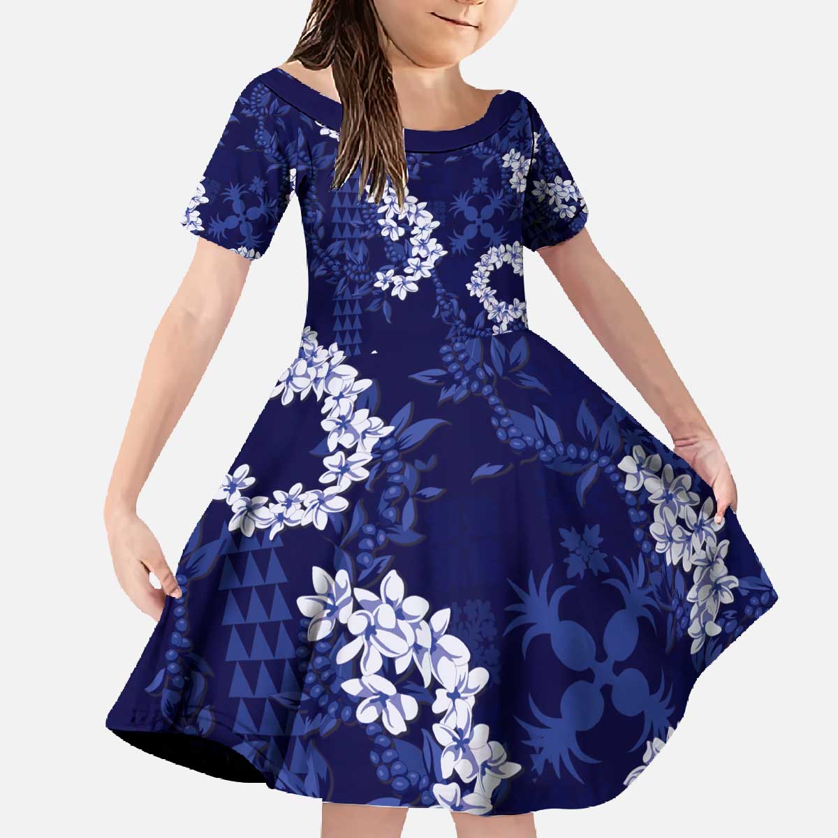 Mokihana Maile and Ilima Leis Family Matching Off The Shoulder Long Sleeve Dress and Hawaiian Shirt Uliuli Hawaiian Tapa Quilt Pattern - Polynesian Pride