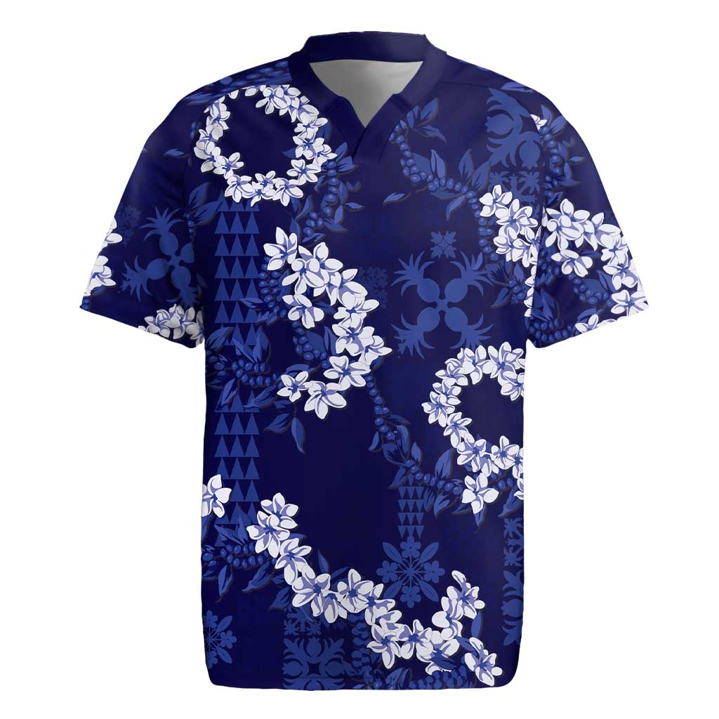 Mokihana Maile and Ilima Leis Rugby Jersey Uliuli Hawaiian Tapa Quilt Pattern LT9 Blue - Polynesian Pride