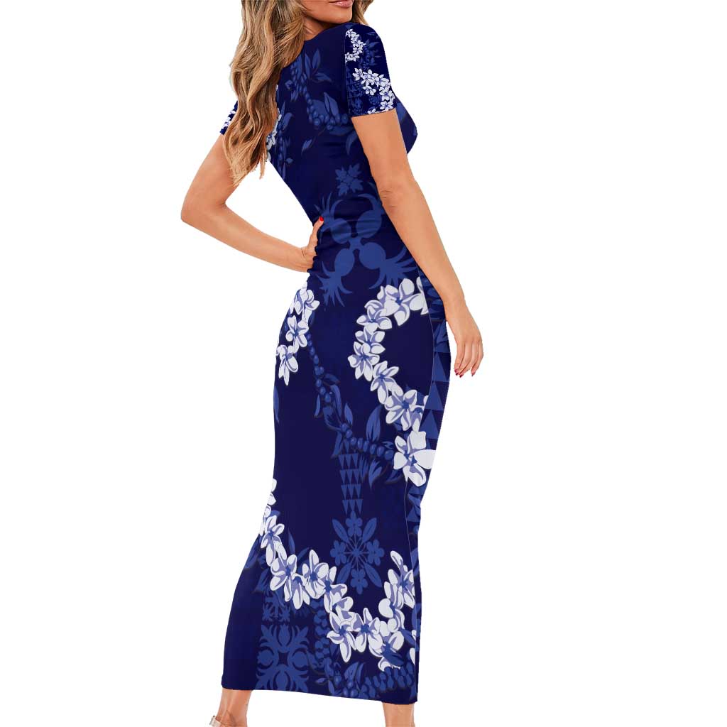 Mokihana Maile and Ilima Leis Short Sleeve Bodycon Dress Uliuli Hawaiian Tapa Quilt Pattern - Polynesian Pride