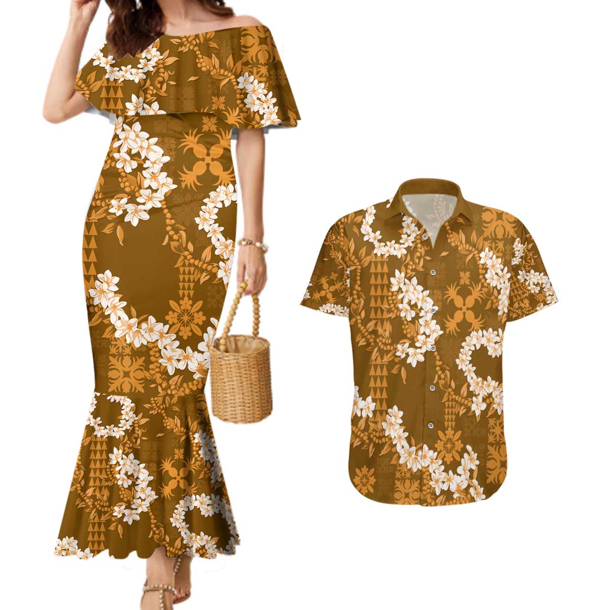 Mokihana Maile and Ilima Leis Couples Matching Mermaid Dress and Hawaiian Shirt Alani Hawaiian Tapa Quilt Pattern - Polynesian Pride