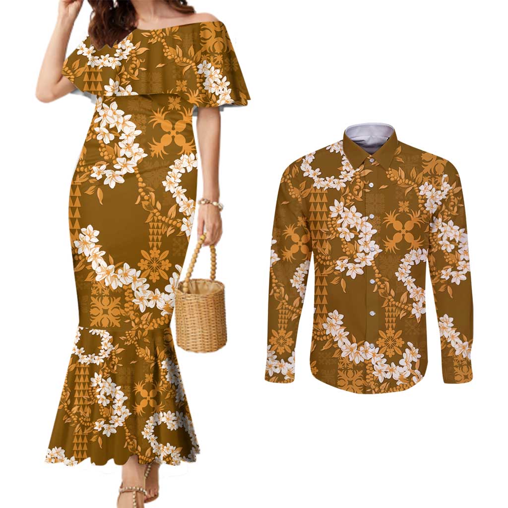 Mokihana Maile and Ilima Leis Couples Matching Mermaid Dress and Long Sleeve Button Shirt Alani Hawaiian Tapa Quilt Pattern - Polynesian Pride