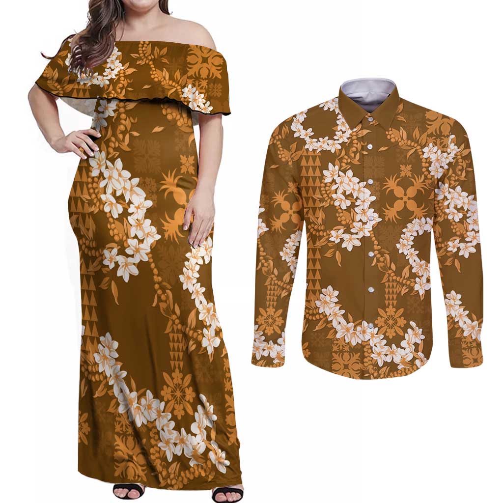 Mokihana Maile and Ilima Leis Couples Matching Off Shoulder Maxi Dress and Long Sleeve Button Shirt Alani Hawaiian Tapa Quilt Pattern - Polynesian Pride