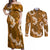 Mokihana Maile and Ilima Leis Couples Matching Off Shoulder Maxi Dress and Long Sleeve Button Shirt Alani Hawaiian Tapa Quilt Pattern - Polynesian Pride