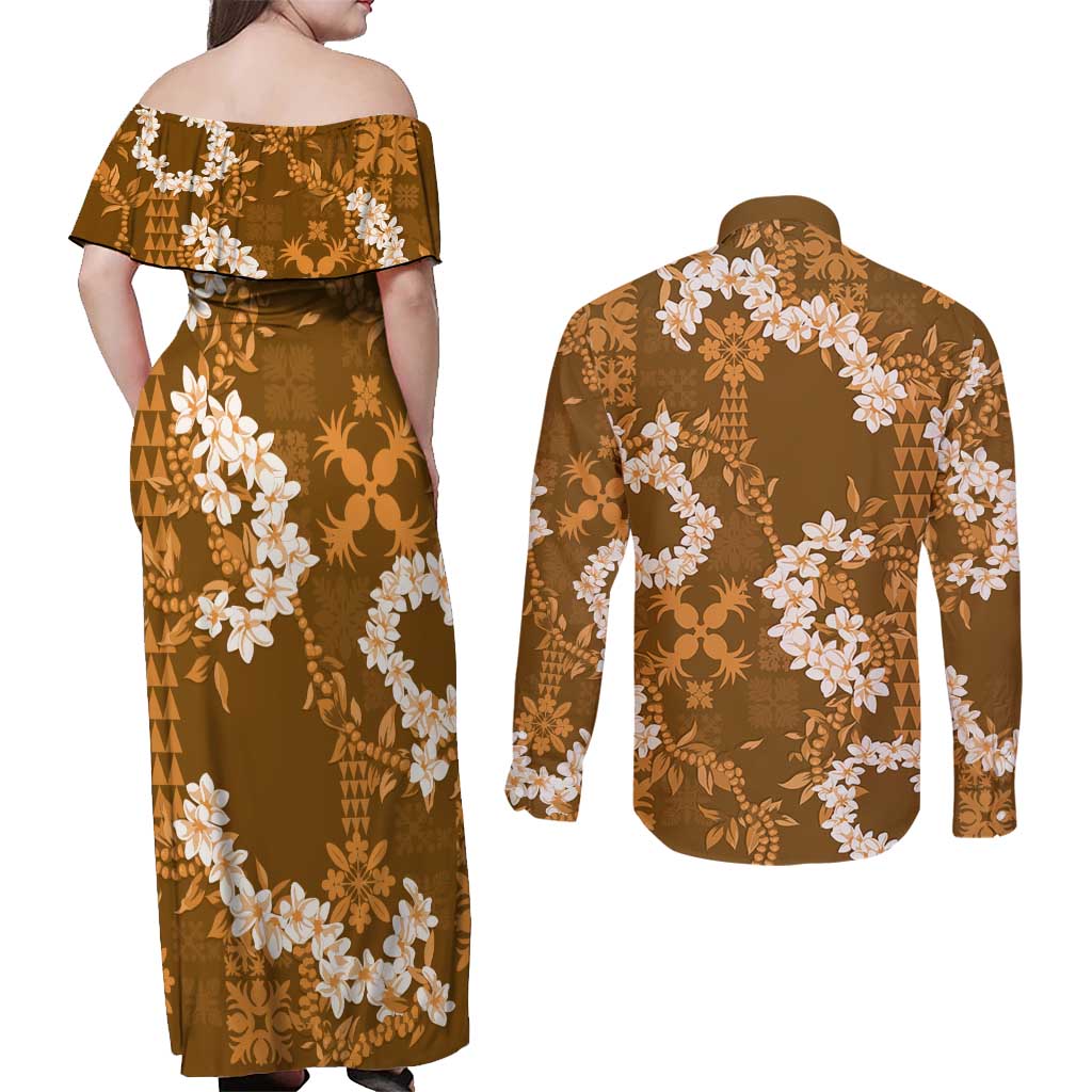 Mokihana Maile and Ilima Leis Couples Matching Off Shoulder Maxi Dress and Long Sleeve Button Shirt Alani Hawaiian Tapa Quilt Pattern - Polynesian Pride