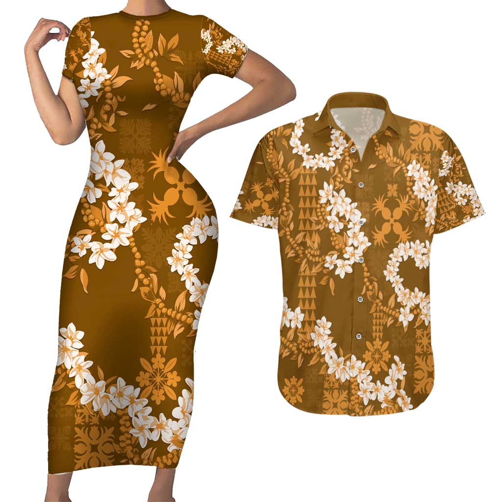 Mokihana Maile and Ilima Leis Couples Matching Short Sleeve Bodycon Dress and Hawaiian Shirt Alani Hawaiian Tapa Quilt Pattern - Polynesian Pride
