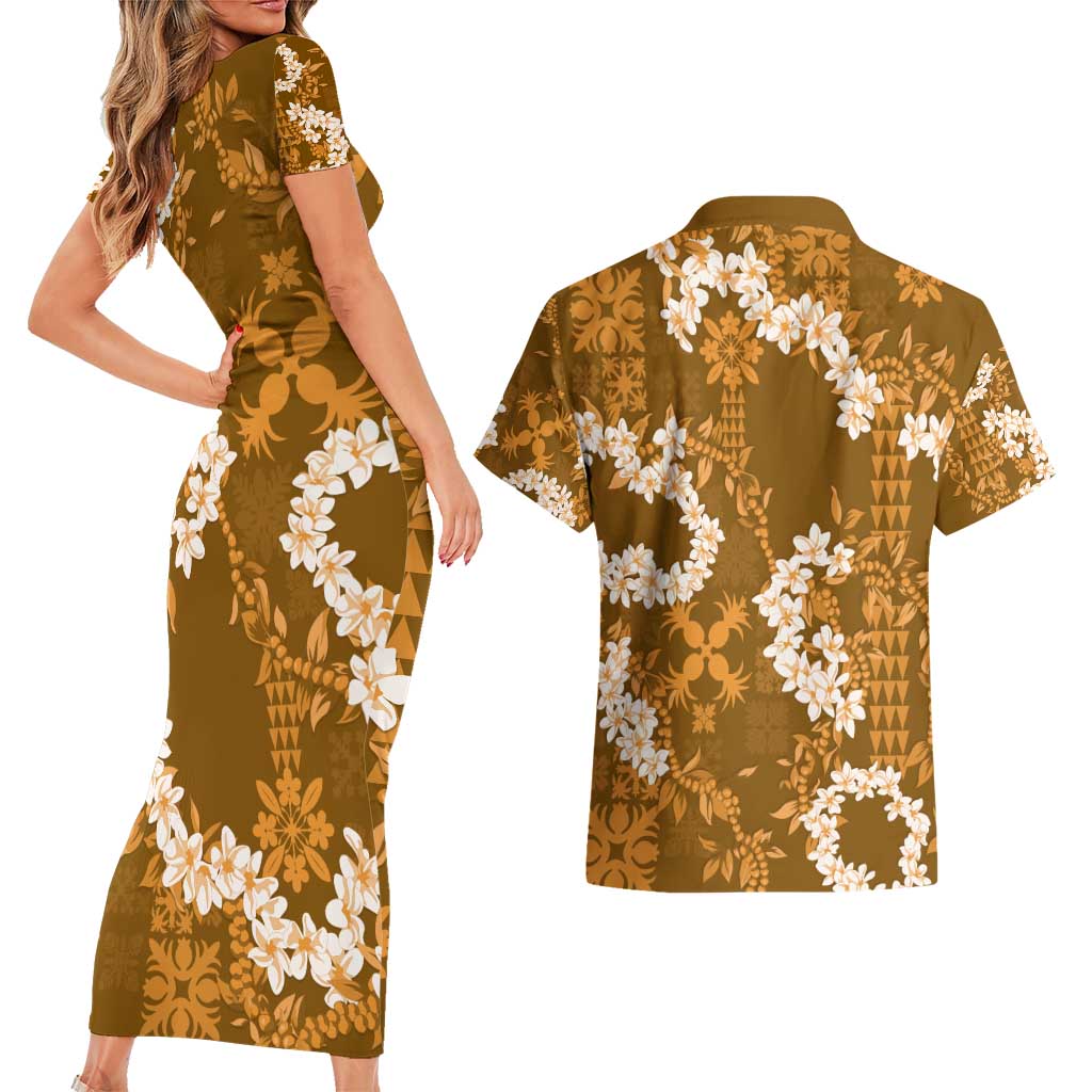 Mokihana Maile and Ilima Leis Couples Matching Short Sleeve Bodycon Dress and Hawaiian Shirt Alani Hawaiian Tapa Quilt Pattern - Polynesian Pride
