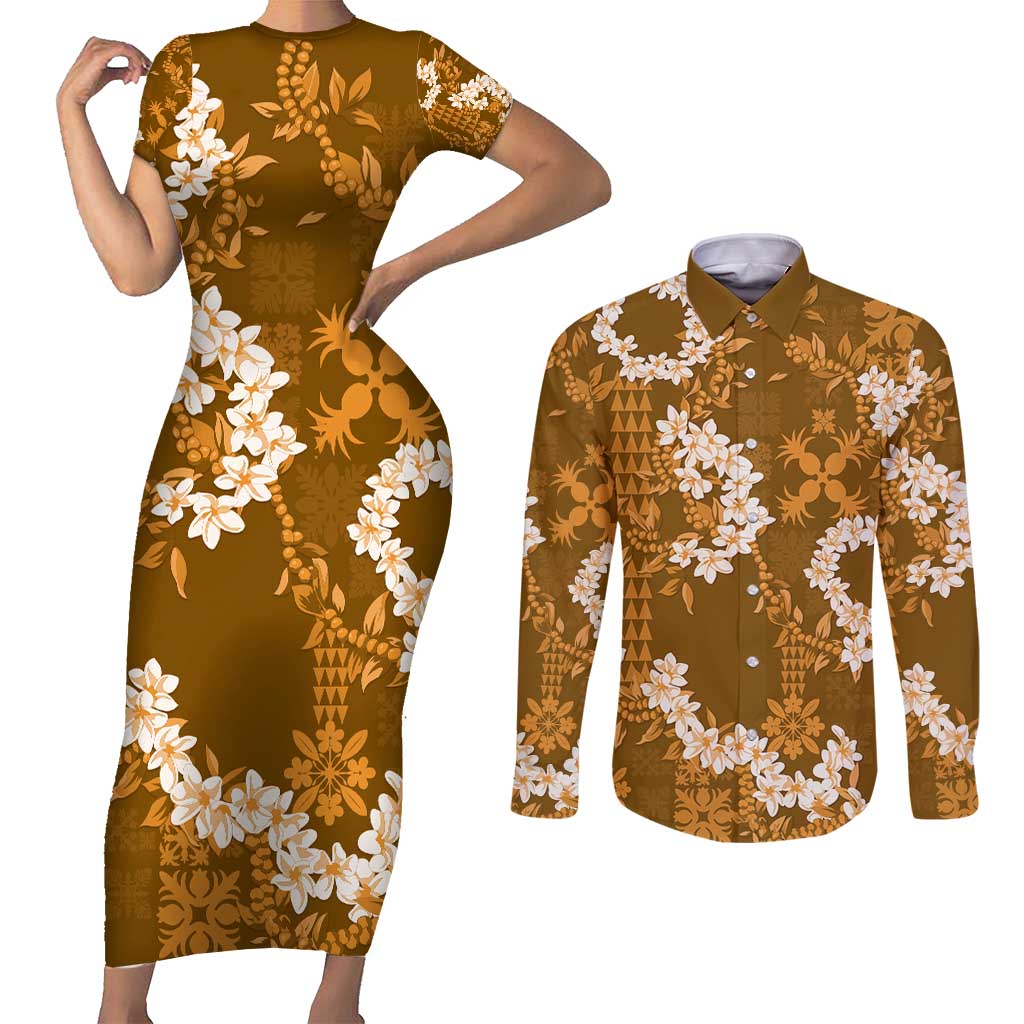 Mokihana Maile and Ilima Leis Couples Matching Short Sleeve Bodycon Dress and Long Sleeve Button Shirt Alani Hawaiian Tapa Quilt Pattern - Polynesian Pride