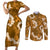 Mokihana Maile and Ilima Leis Couples Matching Short Sleeve Bodycon Dress and Long Sleeve Button Shirt Alani Hawaiian Tapa Quilt Pattern - Polynesian Pride