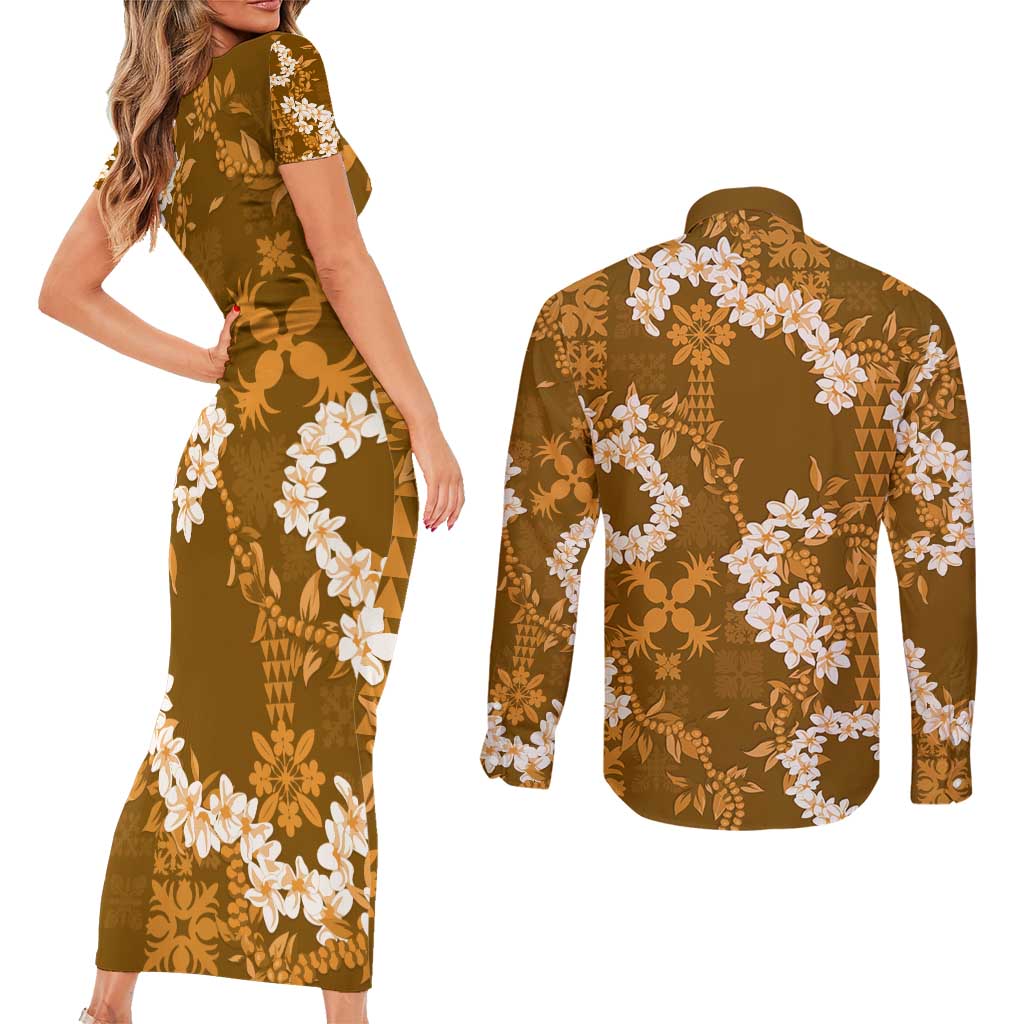 Mokihana Maile and Ilima Leis Couples Matching Short Sleeve Bodycon Dress and Long Sleeve Button Shirt Alani Hawaiian Tapa Quilt Pattern - Polynesian Pride