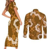 Mokihana Maile and Ilima Leis Couples Matching Short Sleeve Bodycon Dress and Long Sleeve Button Shirt Alani Hawaiian Tapa Quilt Pattern - Polynesian Pride