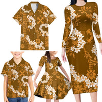 Mokihana Maile and Ilima Leis Family Matching Long Sleeve Bodycon Dress and Hawaiian Shirt Alani Hawaiian Tapa Quilt Pattern - Polynesian Pride