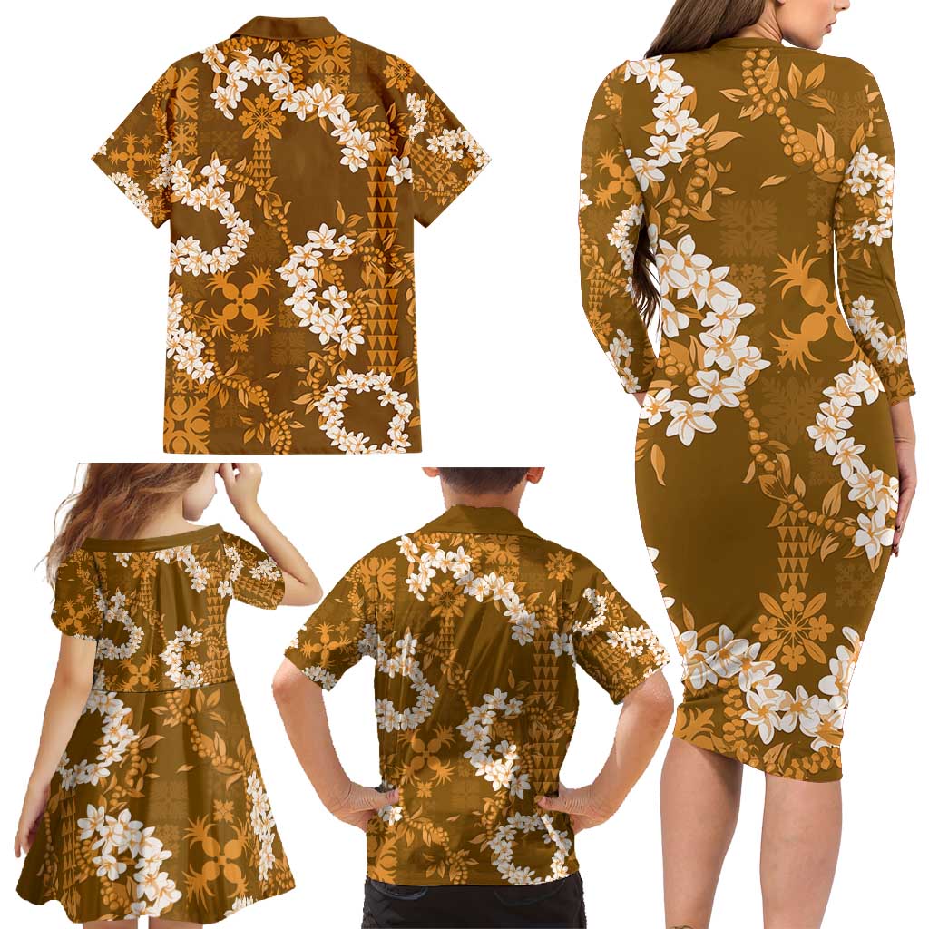 Mokihana Maile and Ilima Leis Family Matching Long Sleeve Bodycon Dress and Hawaiian Shirt Alani Hawaiian Tapa Quilt Pattern - Polynesian Pride
