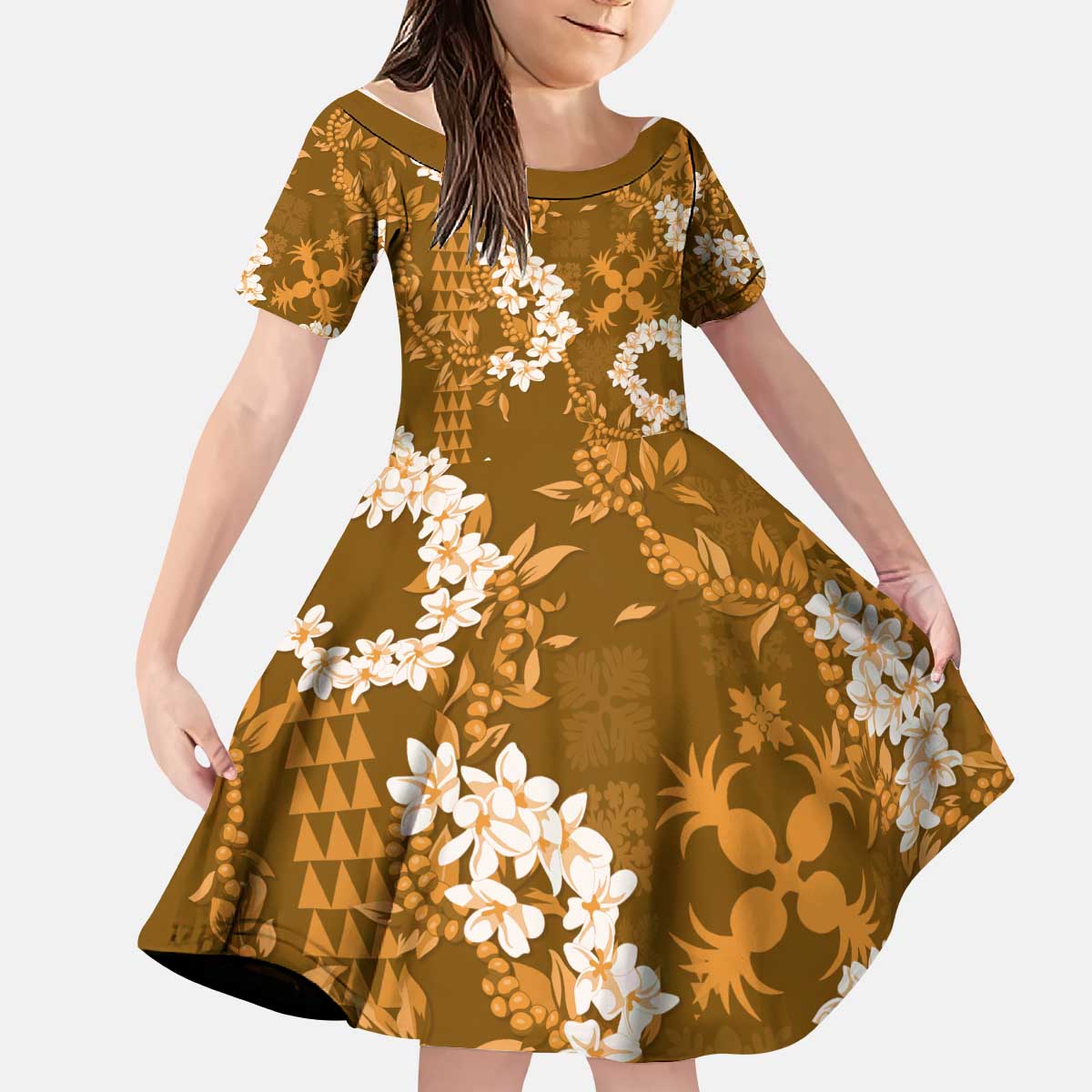 Mokihana Maile and Ilima Leis Kid Short Sleeve Dress Alani Hawaiian Tapa Quilt Pattern - Polynesian Pride